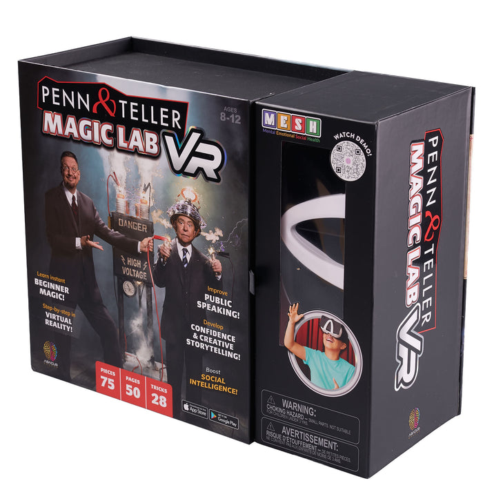 Penn & Teller Magic Lab VR packaging with images of two men and a person wearing a VR headset.