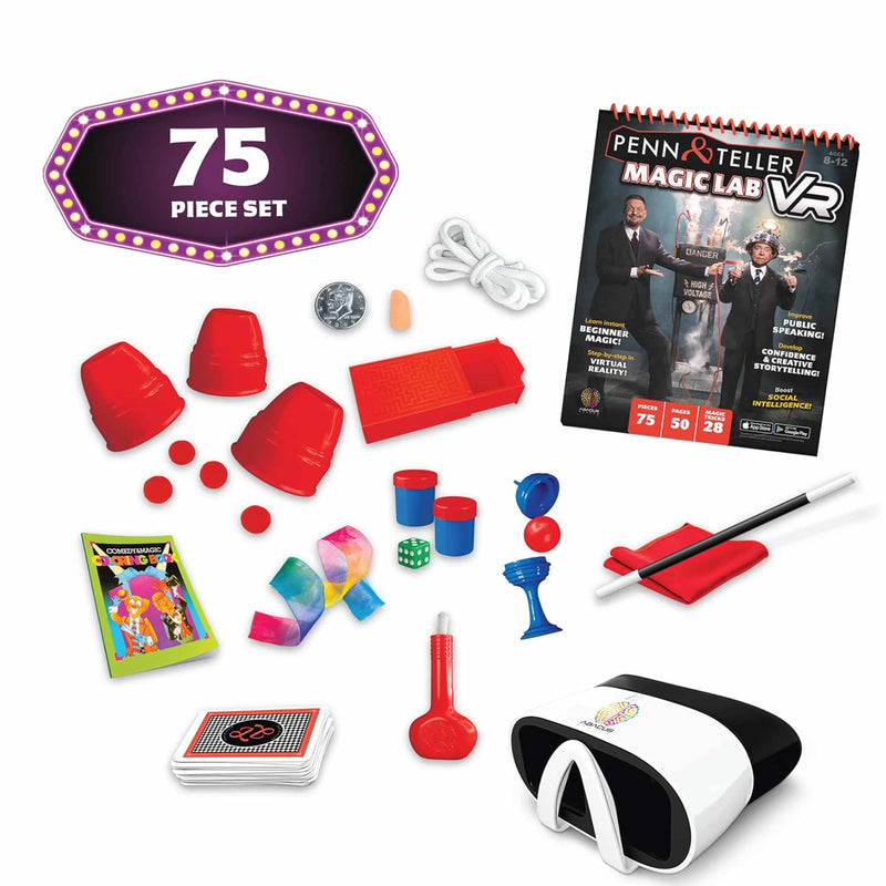 Penn & Teller Magic Lab VR packaging with images of two men and a person wearing a VR headset.
