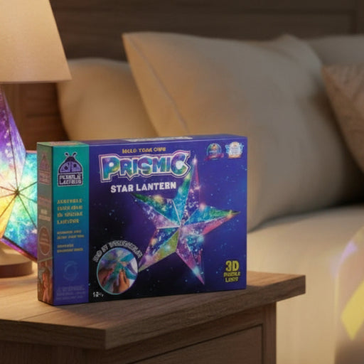Prismatic Star Lantern puzzle box on a wooden surface with a blurred background