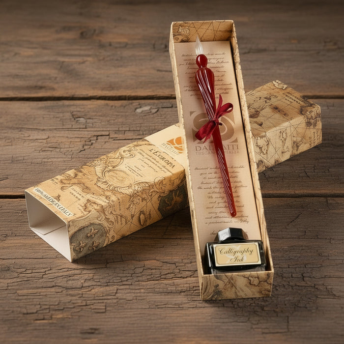 Calligraphy set with red pen and ink bottle in decorative box on a light background