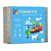 Connetix magnetic tiles packaging with colorful design and toy illustration on a white background