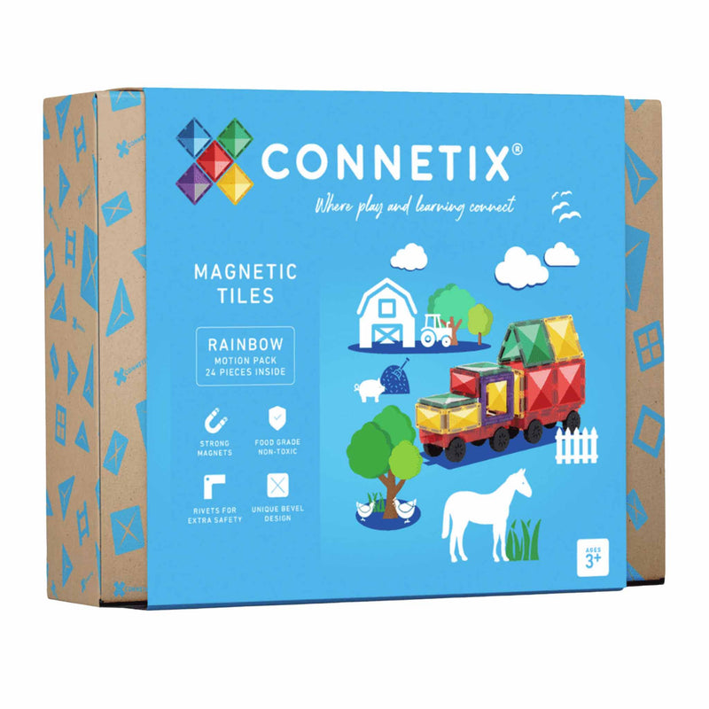 Connetix magnetic tiles packaging with colorful design and toy illustration on a white background