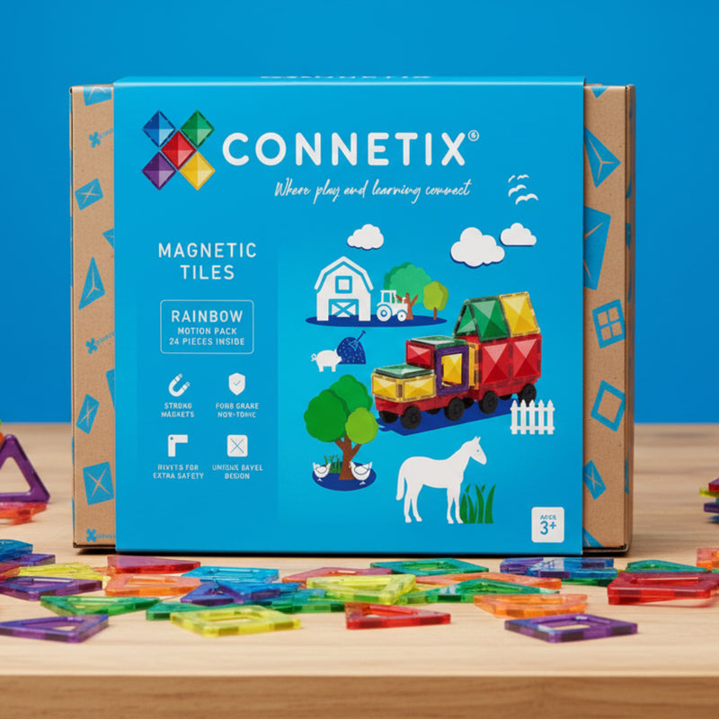 Connetix magnetic tiles packaging with colorful design and toy illustration on a table