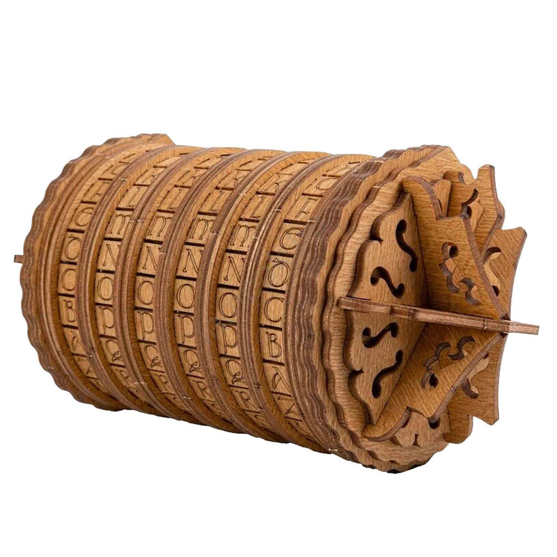 Ugears Escapewelt Cryptex Wooden letterpress wheel Wooden mechanical model with intricate designs on a white background