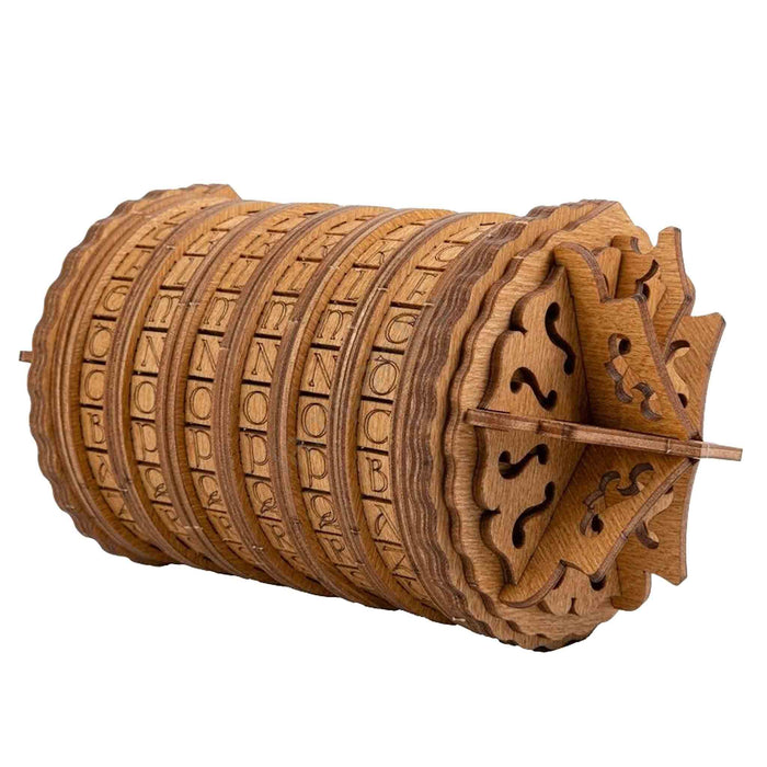 Ugears Escapewelt Cryptex Wooden letterpress wheel Wooden mechanical model with intricate designs on a white background