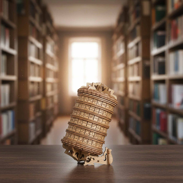 Ugears Escapewelt Cryptex Wooden letterpress wheel Wooden model of the Leaning Tower of Pisa on a table with bookshelves in the background