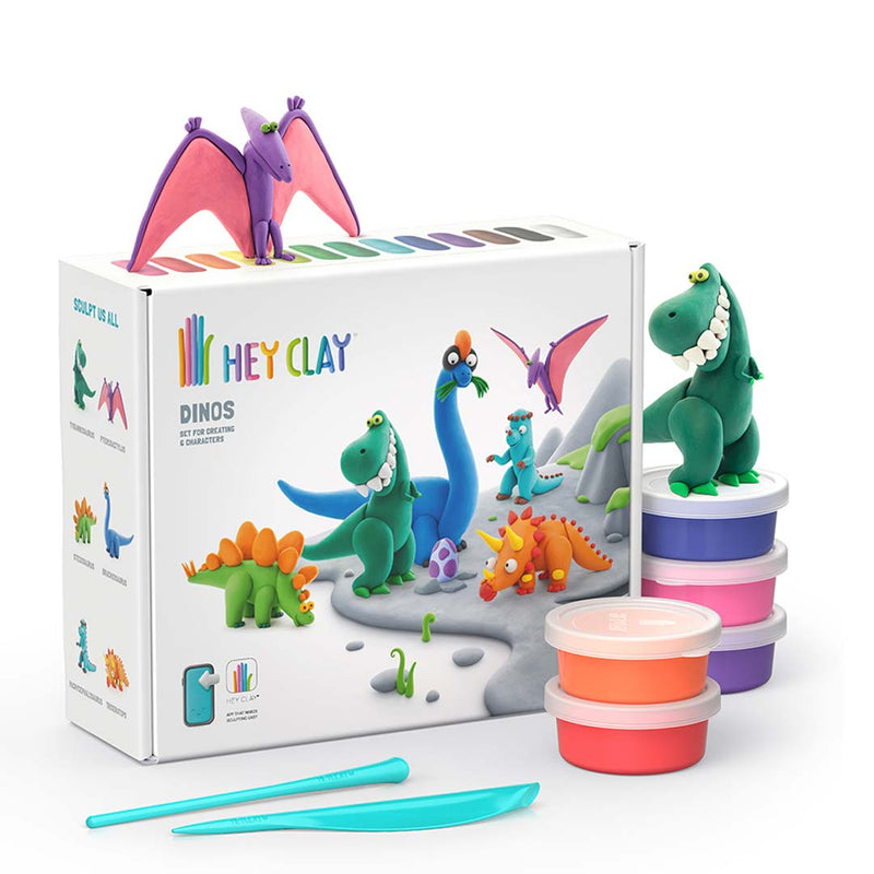 HEY CLAY dinosaur playset with colorful containers and tools on a white background