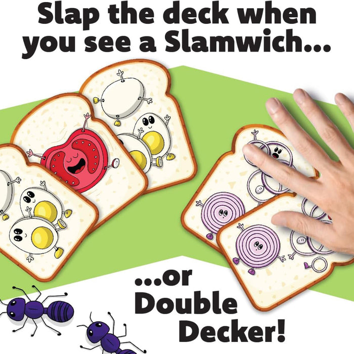 Card game with cartoon sandwiches and a hand slapping one of them, on a green background.
