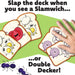 Card game with cartoon sandwiches and a hand slapping one of them, on a green background.