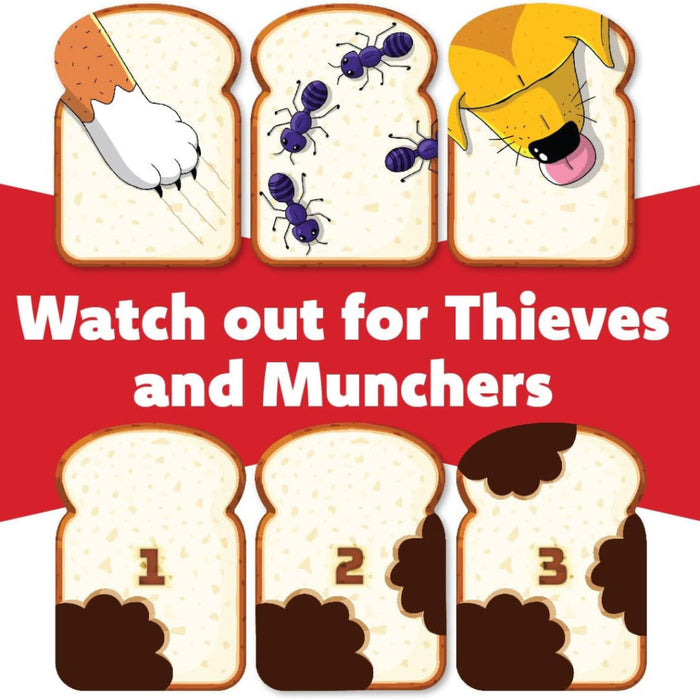 Cartoon bread slices with a dog, ants, and a knife on a red background with text 'Watch out for Thieves and Munchers'.