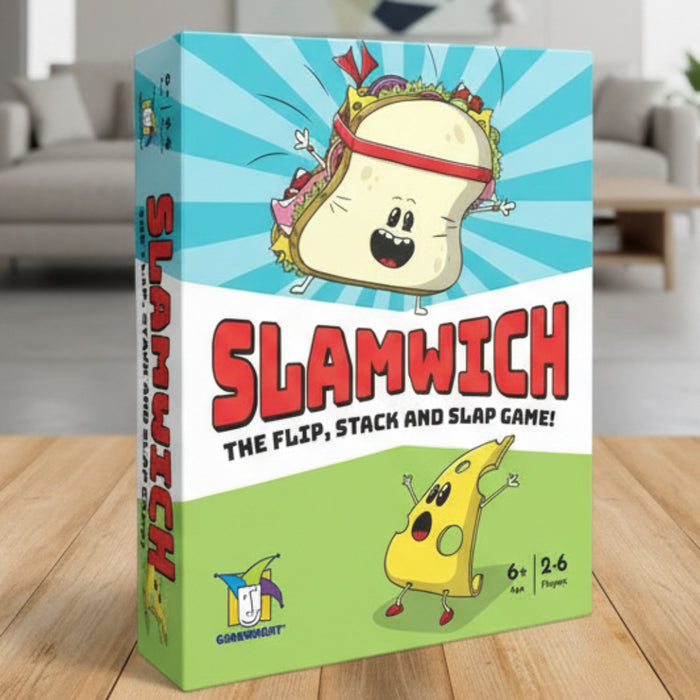 Board game box for 'Slamwich' with cartoon characters on a white background