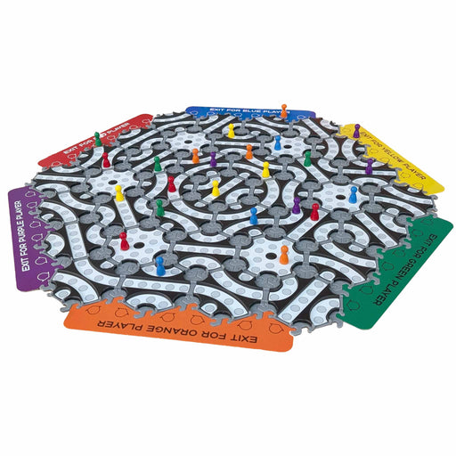 Board game with a maze layout and colorful player pieces on a white background