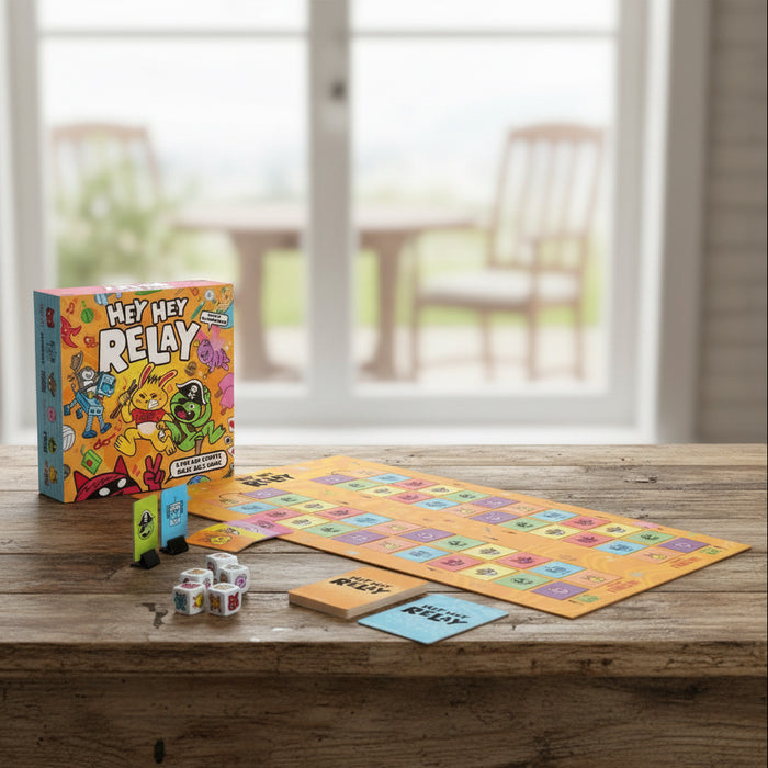 Board game 'Hey Hey Relay' with components on a wooden table.