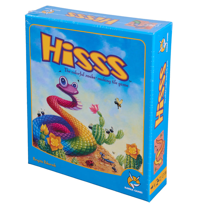 Board game box titled 'Hisss' with colorful snake illustration on a blue background
