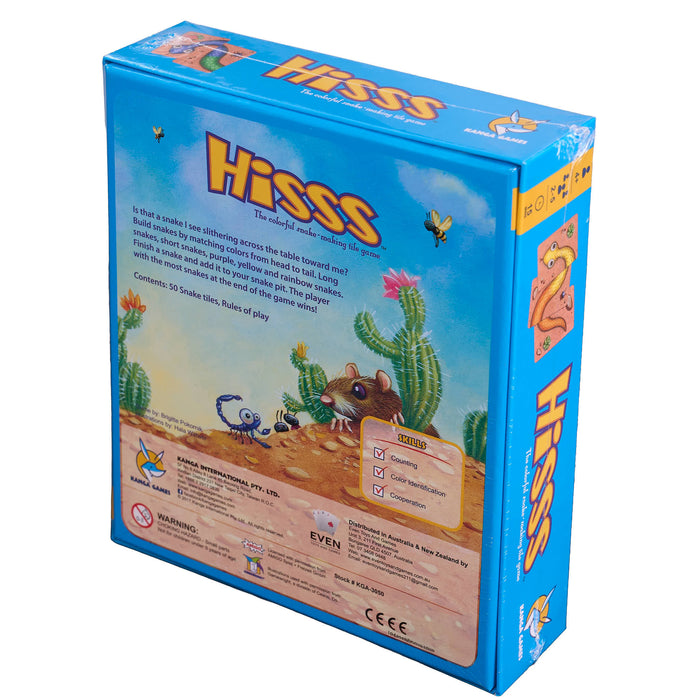 Blue box of a board game titled 'HiSSS' with desert-themed illustration.
