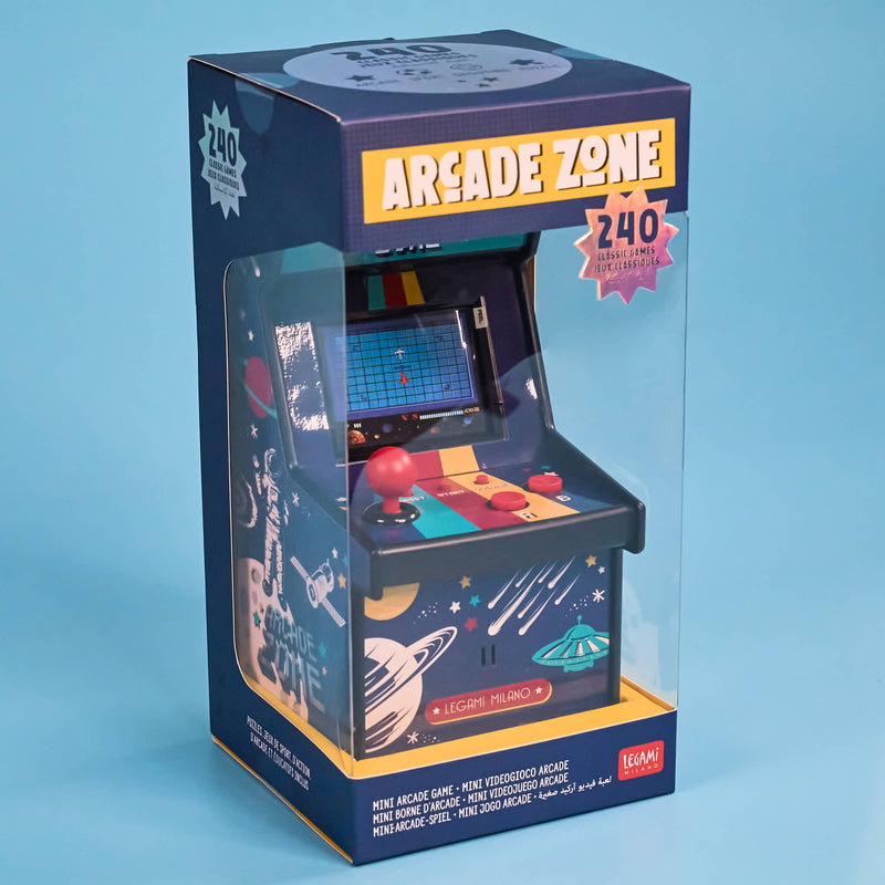 Boxed miniature arcade machine with 'Arcade Zone' branding on a blue background