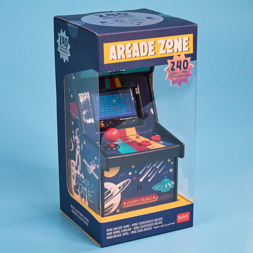 Boxed miniature arcade machine with 'Arcade Zone' branding on a blue background