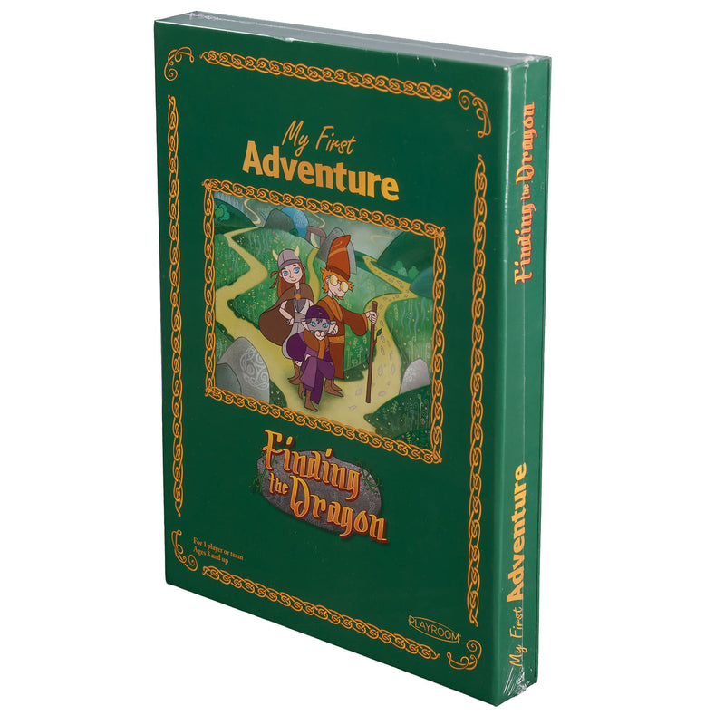 Children's book titled 'Finding the Dragon' with a green cover and gold illustrations on a white background.