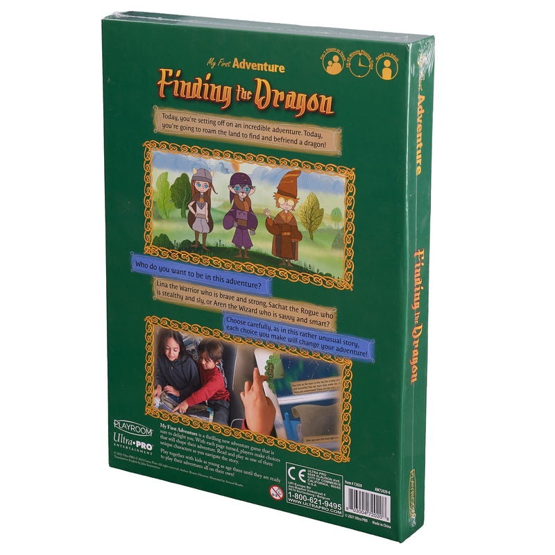 Back cover of a children's book titled 'Finding the Dragon' with illustrations and text.