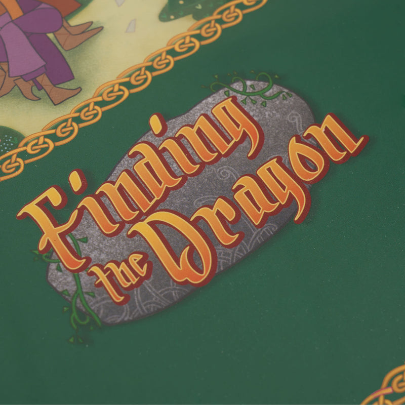 Text 'Finding the Dragon' on a green background with decorative elements.
