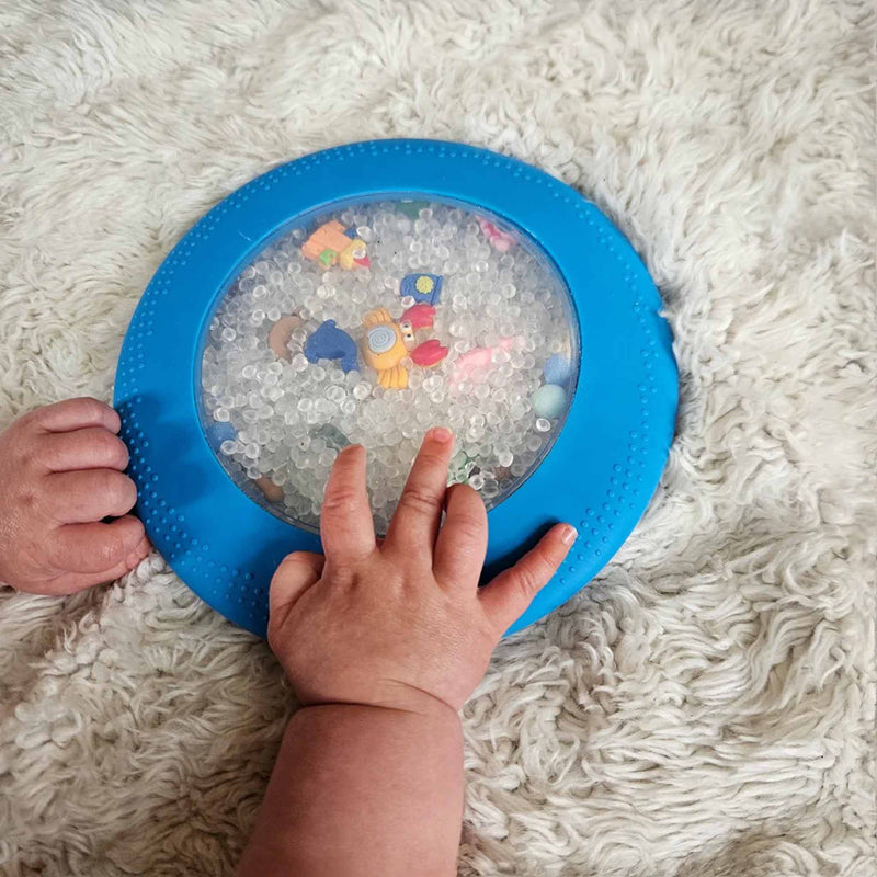 Child's hands holding a blue frisbee with a transparent center featuring colorful animal shapes on a white fluffy surface.