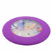 Purple frisbee with colorful sea creature toys and water beads on a white background