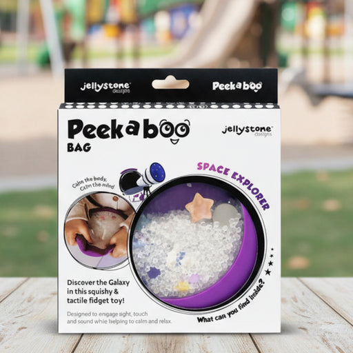 Packaging of a fidget toy labeled 'Peekaboo' with space explorer design.