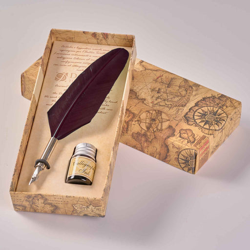 Feather pen and ink bottle set in a decorative box with world map design