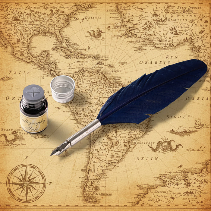Feather quill pen with ink bottle and inkwell