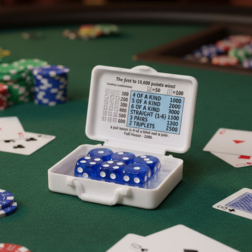 Blue dice set in a white case on a poker table with cards and chips.