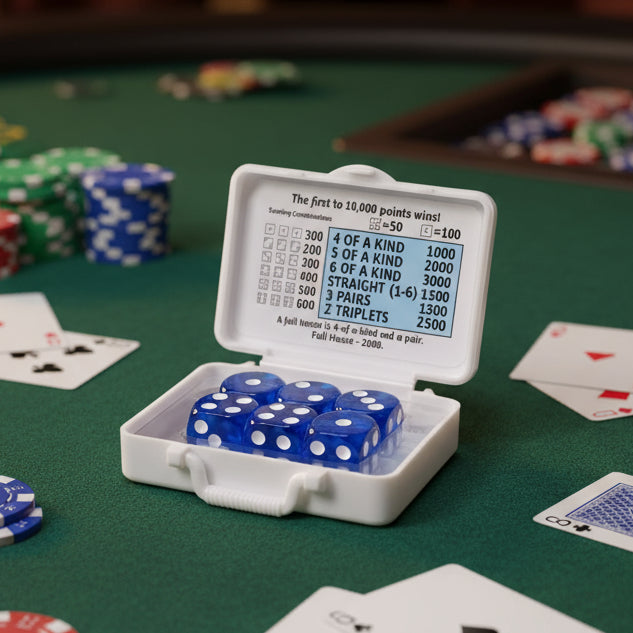 Blue dice set in a white case on a poker table with cards and chips.