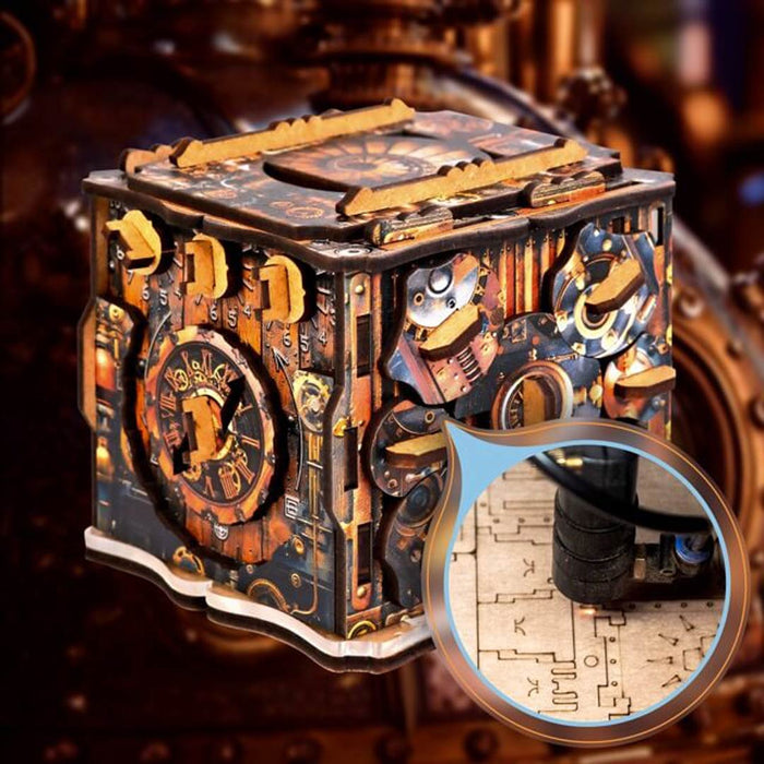 Ugears Iqube Dark logic game  Detailed mechanical model of a clock with intricate gears and components.