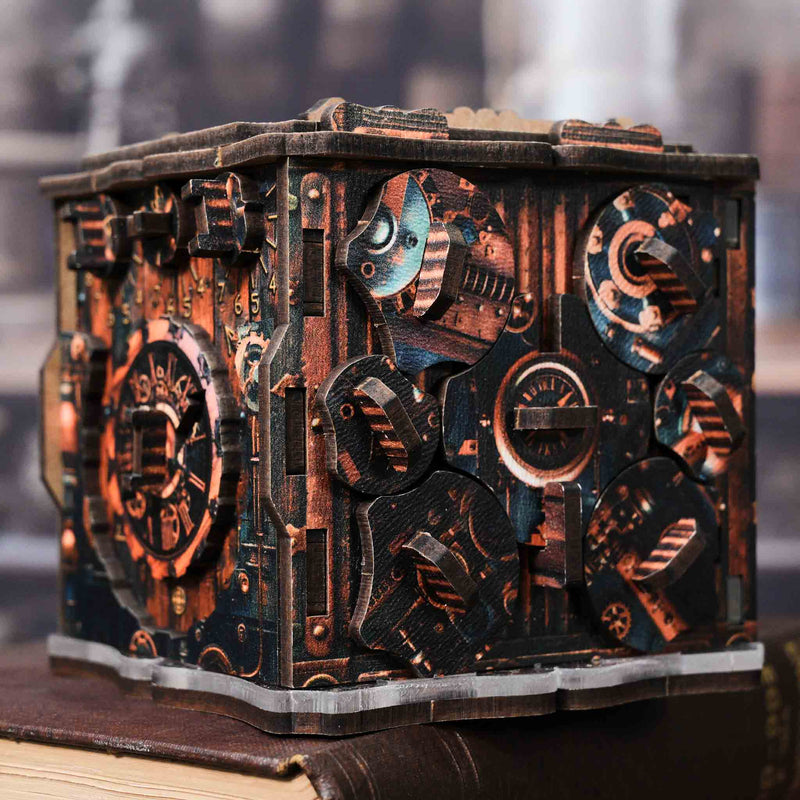 Ugears Iqube Dark logic game  Wooden steampunk-style puzzle box with intricate details on a blurred background