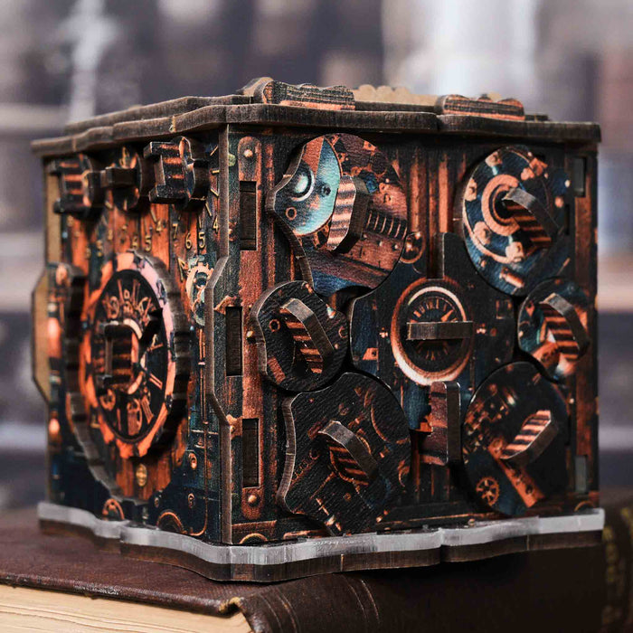 Ugears Iqube Dark logic game  Wooden steampunk-style puzzle box with intricate details on a blurred background