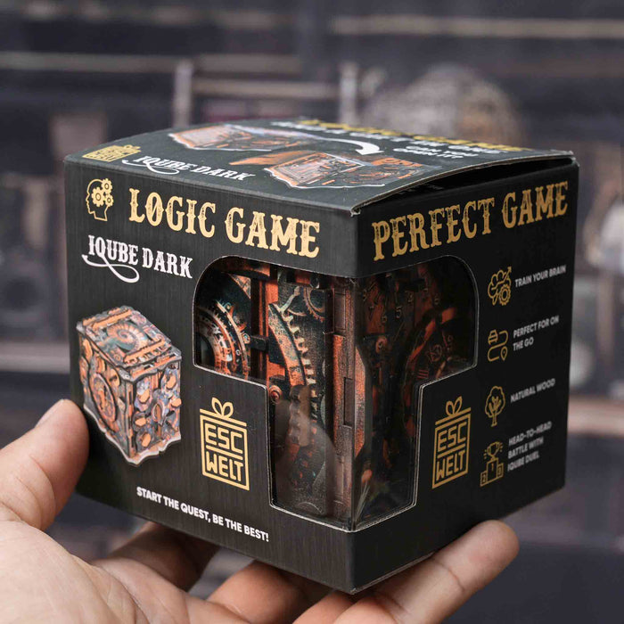 Ugears Iqube Dark logic game packaging held in a hand with a blurred background