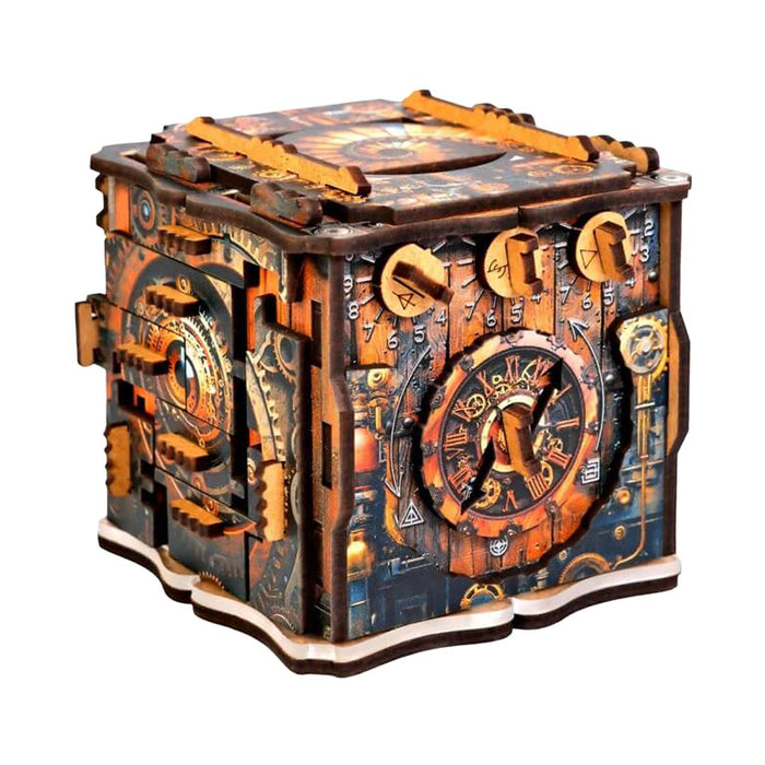 Ugears Iqube Dark logic game  Wooden puzzle box with intricate design and visible gears on a white background