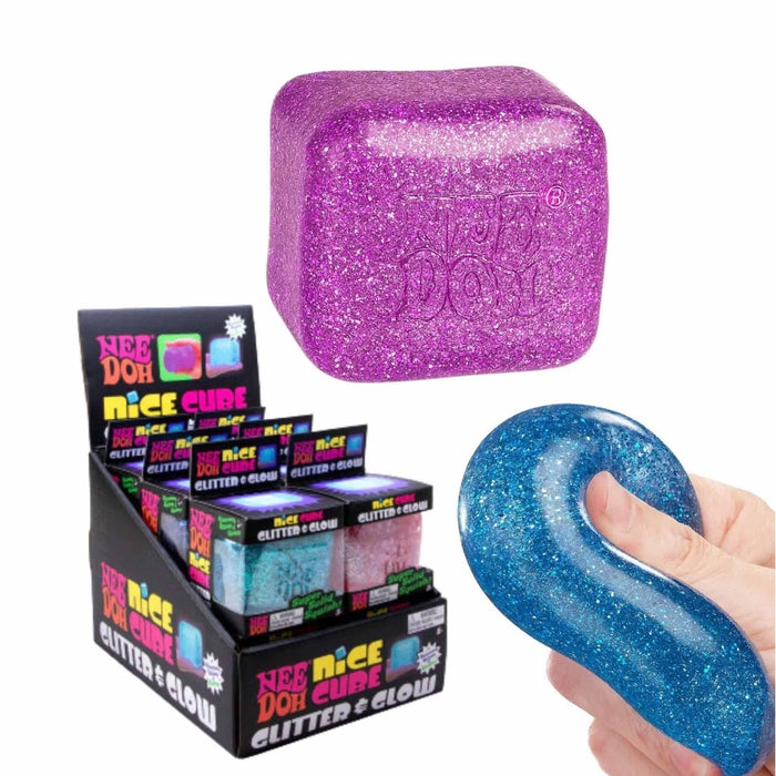Purple glittery cube with 'Nice Do It' branding, displayed with packaging and a hand holding a blue glittery cube.