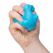 Hand holding a blue stress ball against a white background