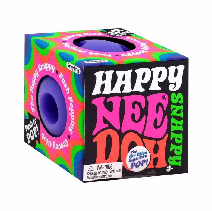 Colorful packaging of Happy Nee Doh Squeaky toy with vibrant design and text.