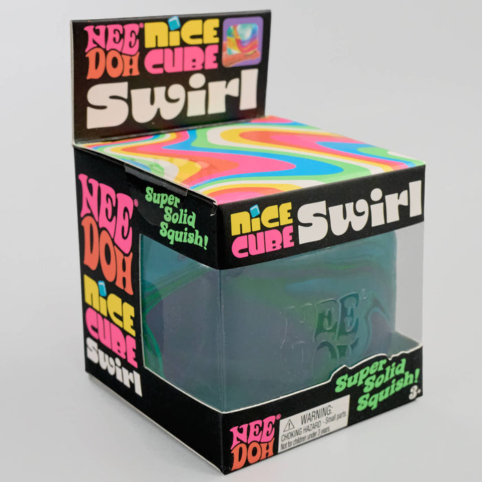 Box of Nee Doh Cube Swirl with colorful design and text on a gray background