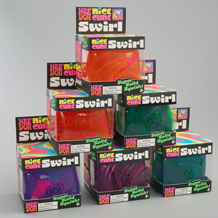 Stack of colorful 'Nice Cube Swirl' packaging on a gray background