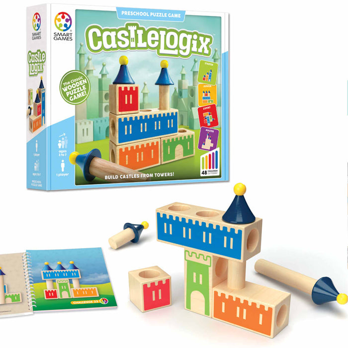 CastleLogix wooden puzzle game with packaging on a white background