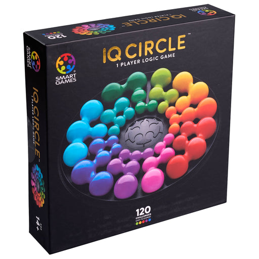 IQ Circle logic game packaging with colorful beads on a black background