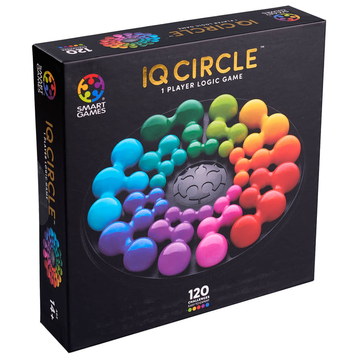 IQ Circle logic game packaging with colorful beads on a black background
