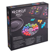 IQ Circle puzzle game packaging with colorful pieces and text on a black background