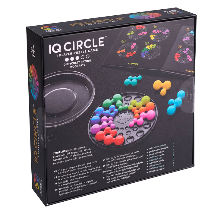 IQ Circle puzzle game packaging with colorful pieces and text on a black background