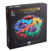 IQ Pentagon logic game packaging with colorful pentagons on a black background