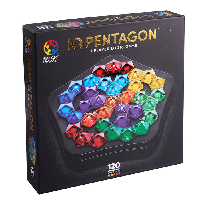 IQ Pentagon logic game packaging with colorful pentagons on a black background