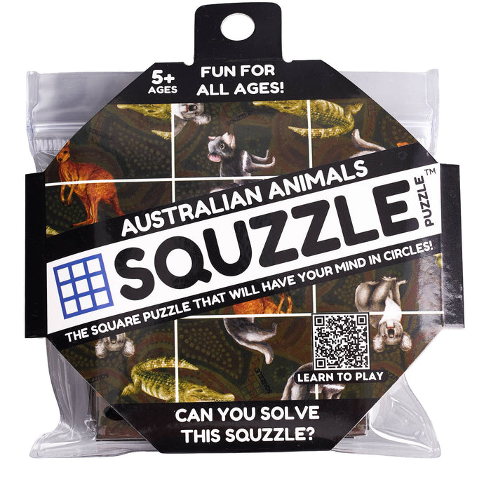 Squzzle puzzle packaging featuring Australian animals with text and a QR code.