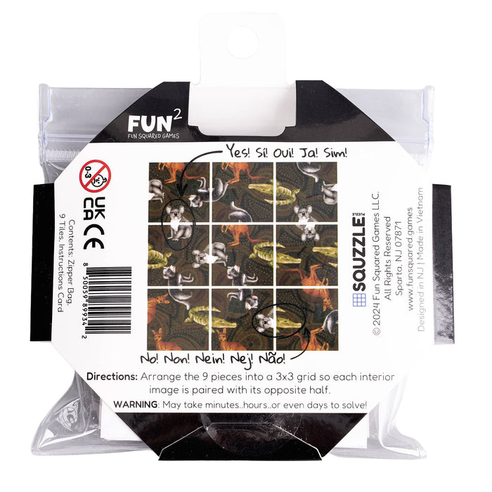 Squzzle puzzle packaging with grid pattern and branding